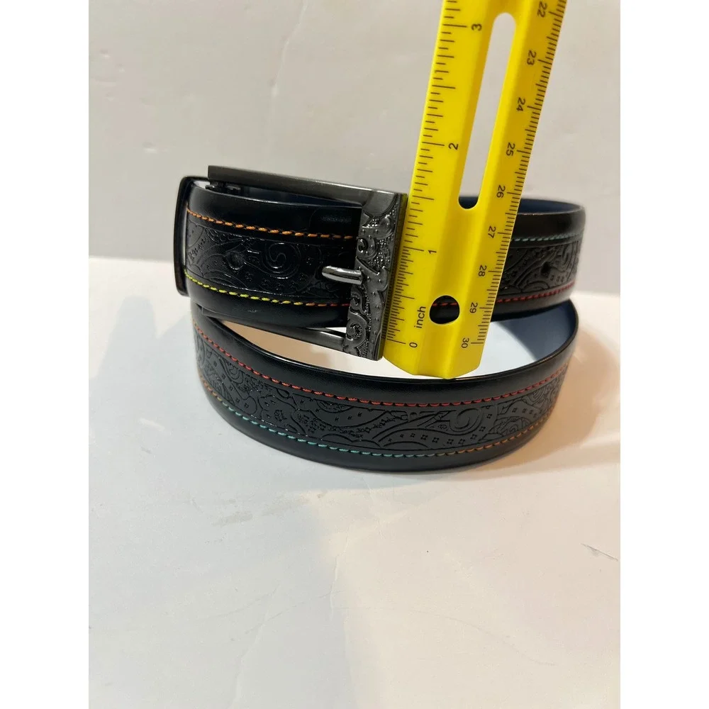 Robert Graham Mens Black Leather Paisley Embossed Belt Rainbow Stitch Size 32